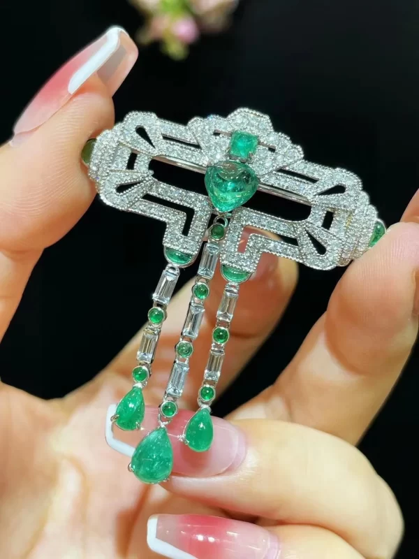 genuine luxury jewelry natural emerald and diamond brooch & pendant double use 18K white gold fine women jewelry free shipping - Image 2