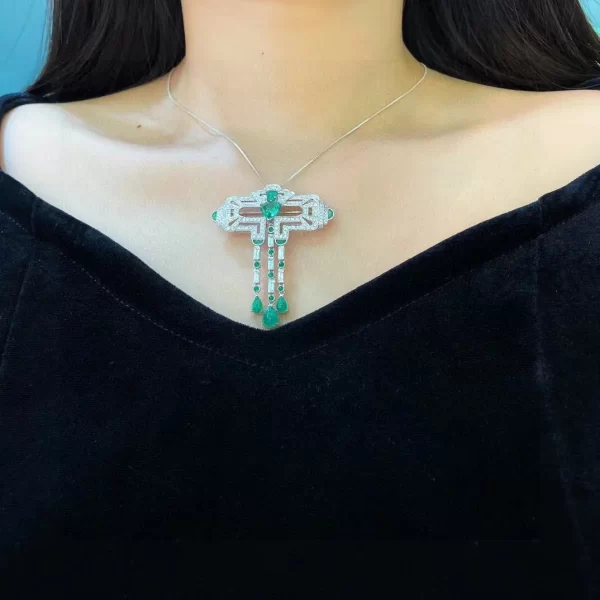 genuine luxury jewelry natural emerald and diamond brooch & pendant double use 18K white gold fine women jewelry free shipping - Image 6