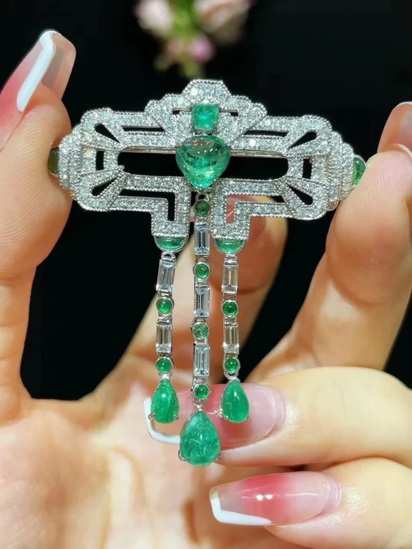 genuine luxury jewelry natural emerald and diamond brooch & pendant double use 18K white gold fine women jewelry free shipping